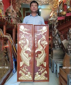 Đôi Tranh Gỗ Lý Ngư Vọng Nguyệt Dát Vàng 9999 1M2